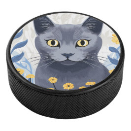 Disco De Hockey Gato Azul Ruso Flores Amarillas