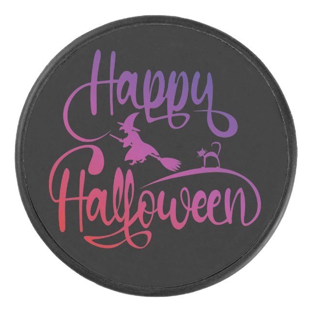 Disco De Hockey Gato de bruja voladora feliz gradiente de Hallowee (Anverso)