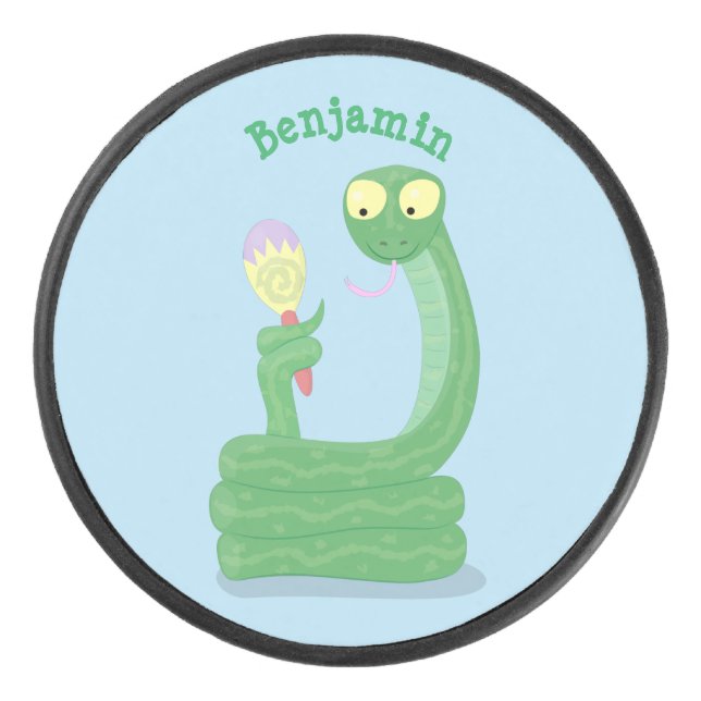 Disco De Hockey Graciosa serpiente verde con maraca personalizado (Anverso)
