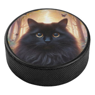 Disco De Hockey Hermoso gato negro esponjoso con ojos dorados