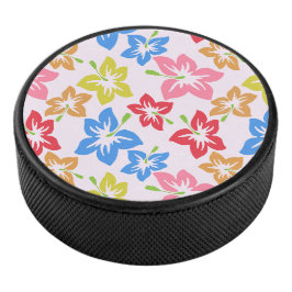 Disco De Hockey Hibiscus Colorido, Patrón De Flores