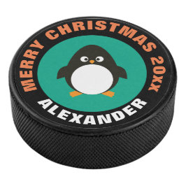 Disco De Hockey Holicay Ice Hockey Puck / Navidades Penguin Design