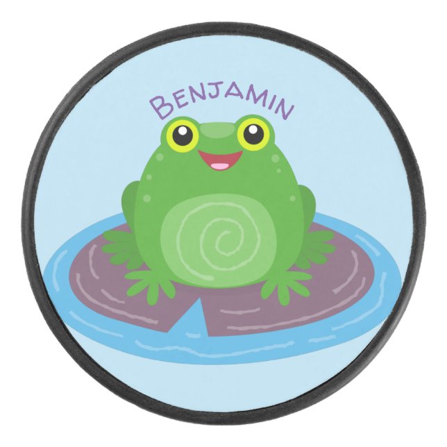 Disco De Hockey Ilustracion de personalizado de rana verde alegre (Anverso)