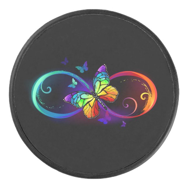 Disco De Hockey Infinito vibrante con mariposa arco iris sobre neg (Anverso)