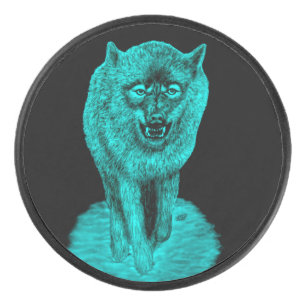 Disco De Hockey Lobo negro enojado en la noche