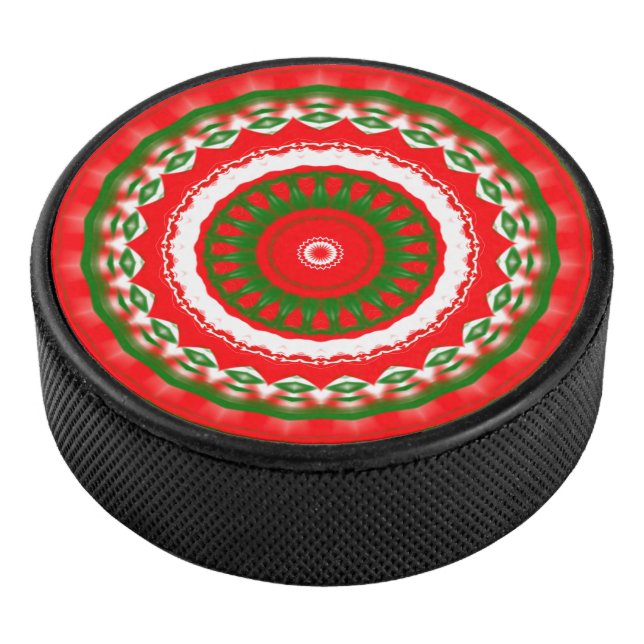 Disco De Hockey Mandala roja, blanca y verde (3/4)