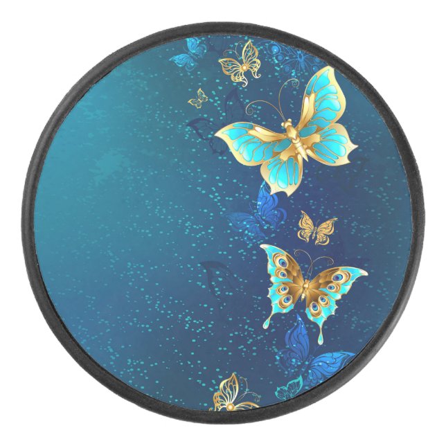 Disco De Hockey Mariposas doradas sobre fondo azul (Anverso)