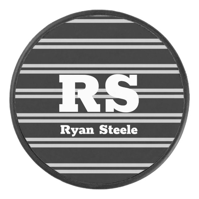 Disco De Hockey Monograma blanco y nombre negrita, líneas grises e (Anverso)