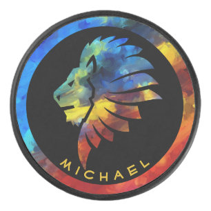 Disco De Hockey Monograma del nombre de la acuarela del león de la