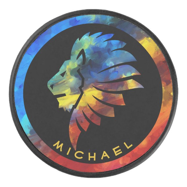 Disco De Hockey Monograma del nombre de la acuarela del león de la (Anverso)