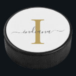 Disco De Hockey Monograma Gris dorado Nombre de la tipografía mode<br><div class="desc">Nombre de guión de monograma dorado Puck de hockey moderno que puede editar fácilmente con su nombre e inicial haciendo clic en el botón "Personalizar". Cambie completamente los colores del texto y del fondo cuando seleccione el vínculo "Personalizar este".</div>