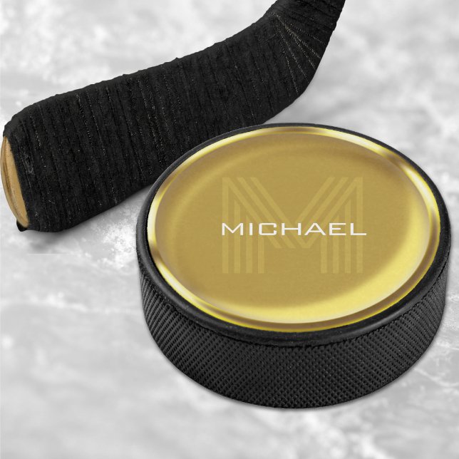 Disco De Hockey Monograma inicial (Gold Coin Name Monogram Initial Hockey Puck)