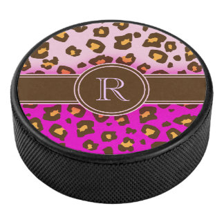Disco De Hockey Monograma marrón rosado impreso en leopardo