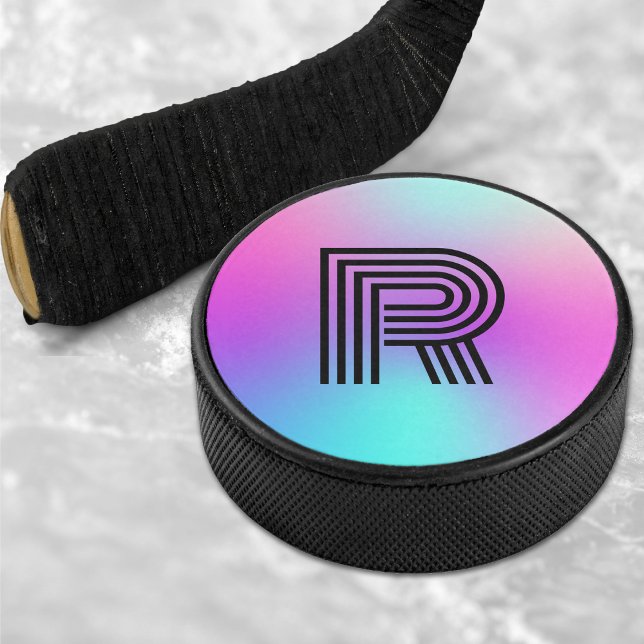 Disco De Hockey Monograma Neón Azul Rosa y Morado Ombre (Neon Pink Blue & Purple Ombre Monogram Hockey Puck)