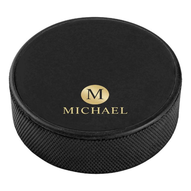 Disco De Hockey Monograma personalizado de lujo negro y oro (3/4)