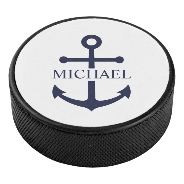 Disco De Hockey Nautical Navy Blue Anchor Nombre Personalizado (3/4)