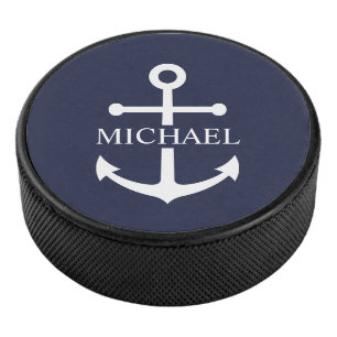 Disco De Hockey Nautical Navy Blue Anchor Nombre Personalizado