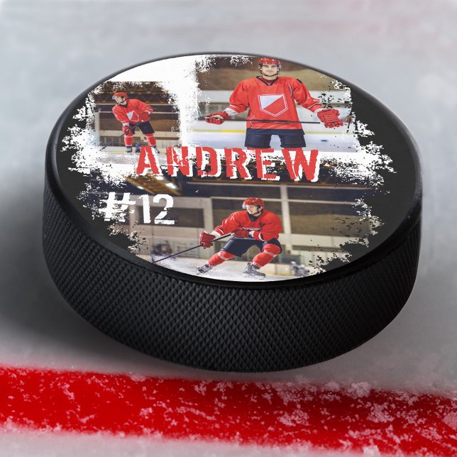 Disco De Hockey Nombre del jugador Personalizado deportivo y Colla (Sporty Custom Player Name & Number 3 Photo Collage Hockey Puck)