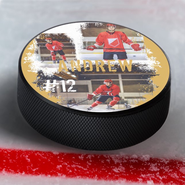 Disco De Hockey Nombre del jugador Personalizado deportivo y Colla (Sporty Custom Player Name & Number 3 Photo Collage Hockey Puck)
