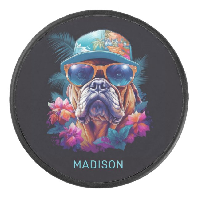 Disco De Hockey Nombre personalizado Perro de vacaciones tropical (Anverso)