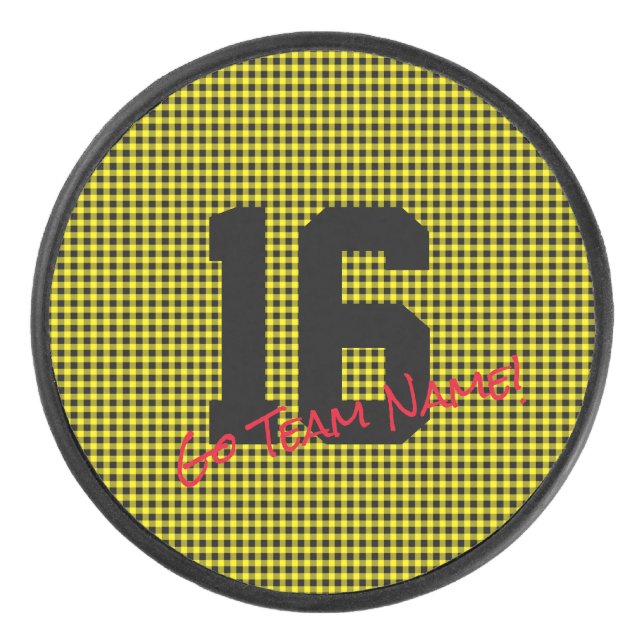 Disco De Hockey NÚMERO de deporte NOMBRE DEL EQUIPO Oro Negro GO!  (Anverso)