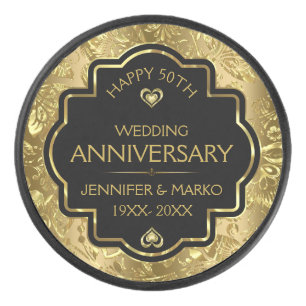 Disco De Hockey Oro personalizado y 50 años de Boda negro