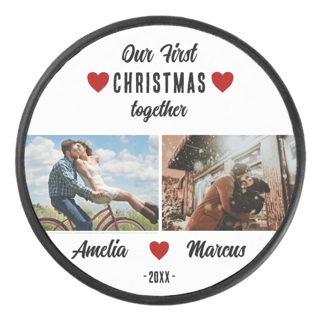 Disco De Hockey Our First Christmas Together 2 Photos Keepsake (Anverso)