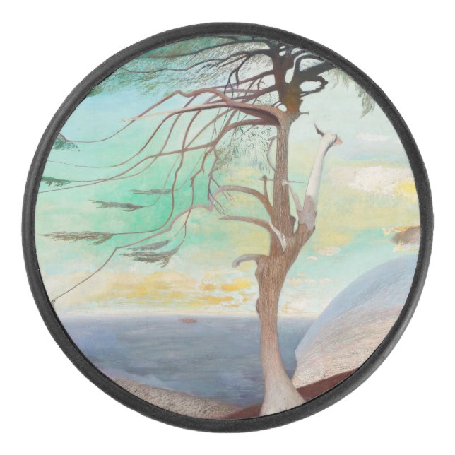Disco De Hockey Paintaje paisajístico del árbol del cedro solitari (Anverso)