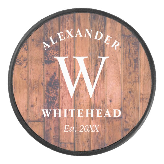 Disco De Hockey Pato de hockey sobre madera de monograma rústico (Anverso)