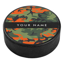 Disco De Hockey Patrón de camuflaje naranja, tu nombre, personaliz