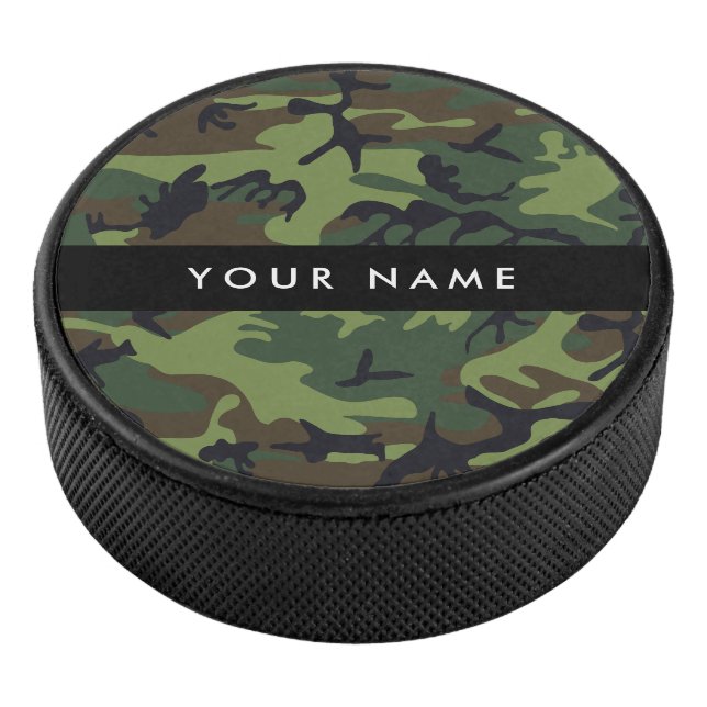 Disco De Hockey Patrón de camuflaje verde, nombre, personalización (3/4)