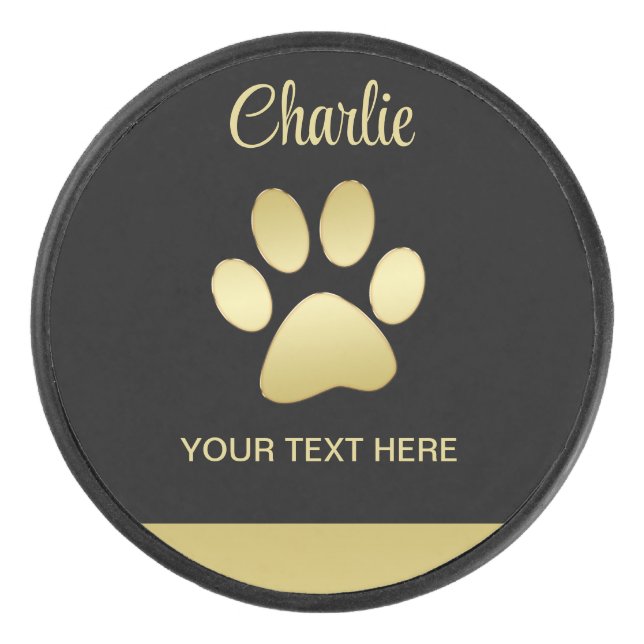 Disco De Hockey Paw dorada de perro brillante sobre fondo negro (Anverso)