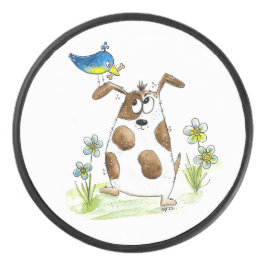 Disco De Hockey Perro con pájaro de aspecto caprichoso