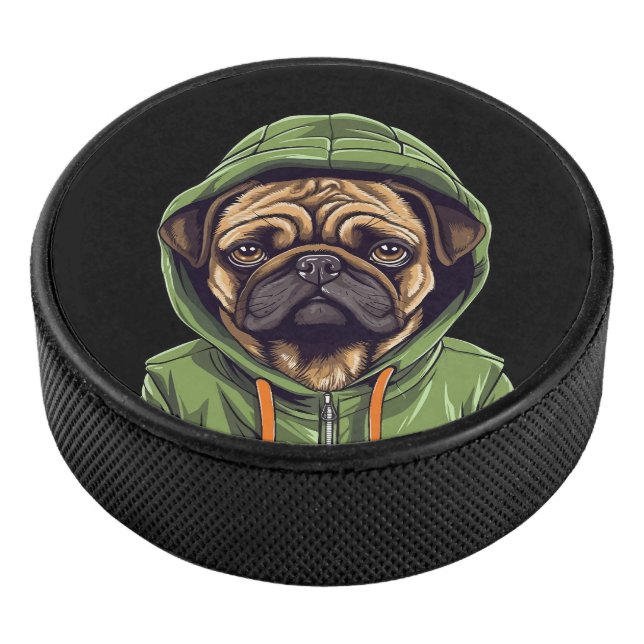 Disco De Hockey Perro de Pug con capucha verde (3/4)