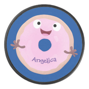 Disco De Hockey Personalizado de donut rosa alegre y brillante
