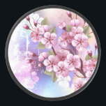 Disco De Hockey Sakura rosa sobre fondo de pintura<br><div class="desc">Dibujado artísticamente,  rama de rosa,  flores de cerezo sobre fondo pintoresco,  texturizado,  pintado con pintura blanca,  rosa y azul. Pink Sakura</div>