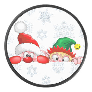 Disco De Hockey Santa y Elf Cute y graciosos personajes Peeking