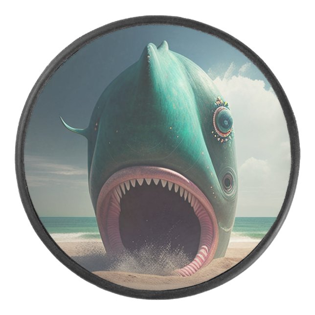 Disco De Hockey Shark sculpture on the beach (Anverso)