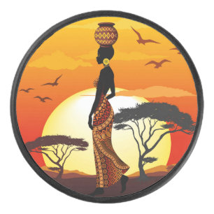 Disco De Hockey Silhouette de una bella mujer africana sobre los S