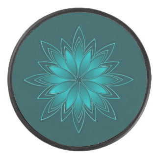 Disco De Hockey Teal Leaf Mandala Design on Dark Cyan