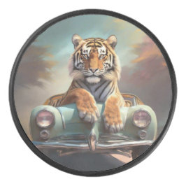 Disco De Hockey Tiger sitting on a sports car 