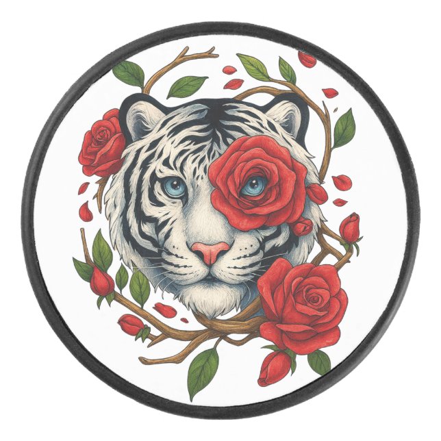 Disco De Hockey Tigre blanco con rosas rojas - Floral de vida salv (Anverso)