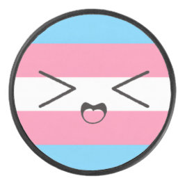 Disco De Hockey trans flag with cute excited face hockey puck