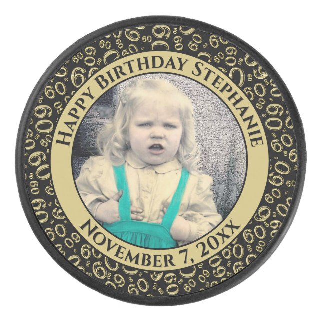 Disco De Hockey Tu foto 60º patrón de número aleatorio negro/oro (Anverso)