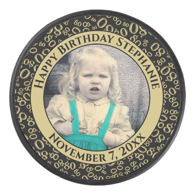 Disco De Hockey Tu foto 80º patrón de número aleatorio negro/oro (Anverso)