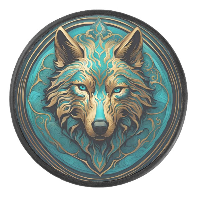 Disco De Hockey Turquesa y lobo de oro (Anverso)