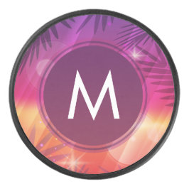 Disco De Hockey Verano Árboles de palmas de sol Monograma Naranja 