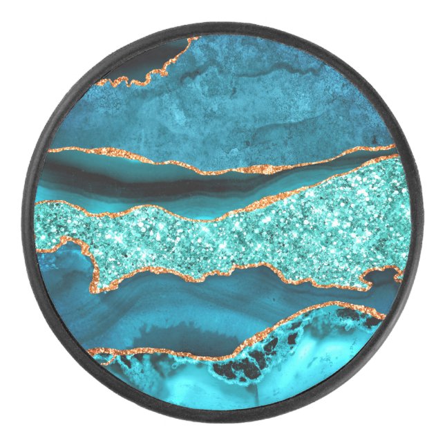 Disco De Hockey Verde azulado Blue Gold Marble Turquoise Gift Hock (Anverso)