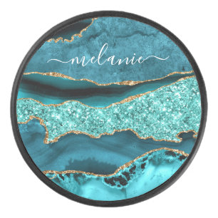 Disco De Hockey Verde azulado Blue Gold Turquoise Nombre personali