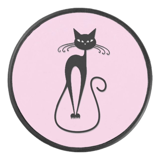 Disco De Hockey Whimsical Skinny Black Cat Rosa (Anverso)